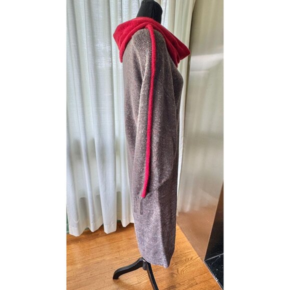 Vintage 80s sweater dress, taupe, red yellow geometric shapes, rolled cowl neck - Picture 8 of 10